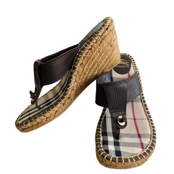 AUTHENTIC Burberry Leather Nova Checkered Plaid Wedges Heels Espadrilles - Picture 5 of 9